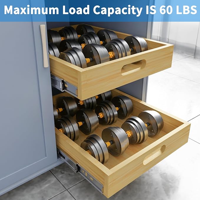 2 Set Pull Out Cabinet Organizer, Soft Close Slide Out Wood Drawer Storage Shelves for Kitchen, Base Cabinet Organization for Pantry, Finished, Heavy-Duty, Bottom Assembly (24” W x 21”