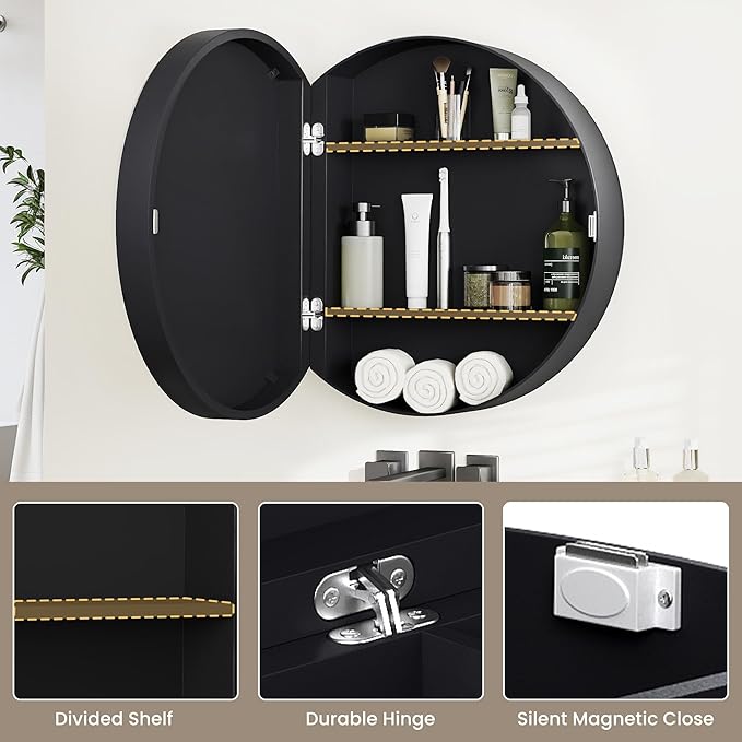 SUNWAVE 20 Inch Round Black Medicine Cabinet with Mirror, Modern Wall Mounted Vanity Cabinet for Bathroom, Circle Bathroom Mirror with Storage, Space-Saving Wood Cabinet (Black, 20 Inch)