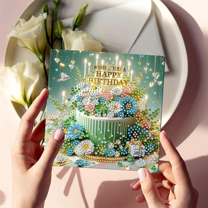 DoxQcs 5D Diamond Art Painting Greeting Cards Kit, DIY Cards for Blessings Congratulations Gifts, Greeting Card Set for Birthday Thanksgiving Day Christmas Halloween-Birthday Cake-1