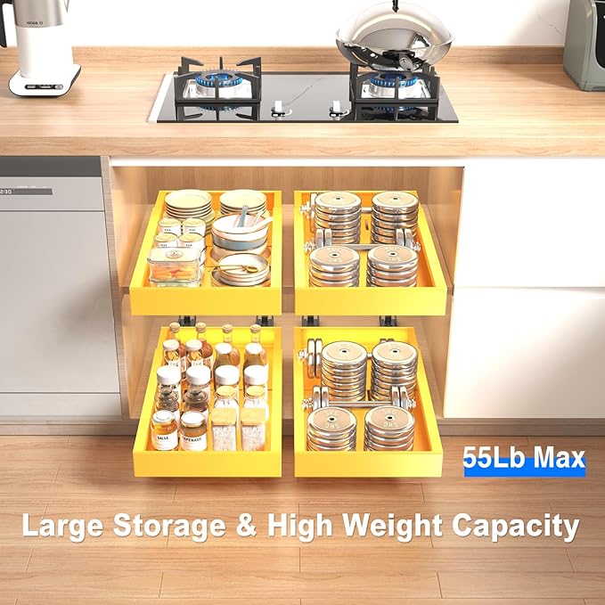 Mustorn 2 Pack Pull Out Cabinet Organizer,21.8" Deep Slide Out Drawer for Cabinets Adhesive Pull Out Drawers Heavy Duty Pull Out Shelves for Kitchen,Cupboard,Pantry,Bathroom-Yellow