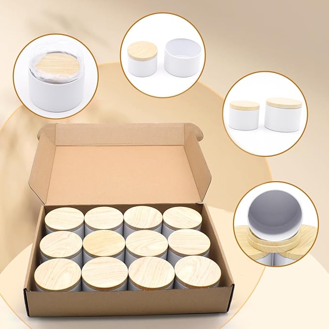 24-Pack Candle Jars, 12pcs 8oz + 12pcs 4oz Candle Tins with Metal Wood-Grain Printing Lids, Empty Candle Jars for Making Candles Bulk Candle Containers - White