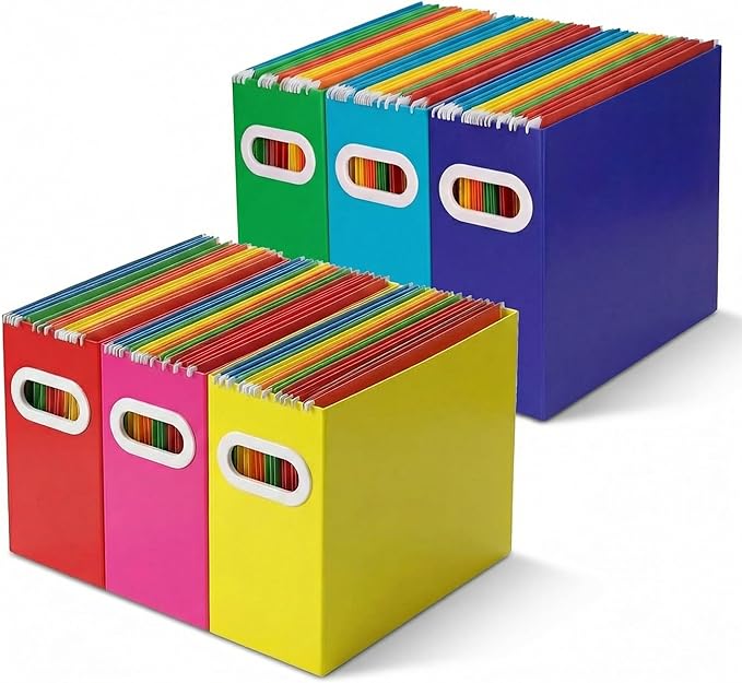 Hanging File Organizer Box, 6 Pack Colorful Cardboard File Folder Holder for Letter Size, Portable Desk Document Storage with Handles, for Office,Home,School