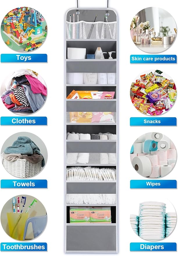 Over the Door Organizers - 5 Tier Hanging Door Storage with 5 Spacious Pockets, Anti -Tilt 44 lb Load Behind Door Organizer for Bedroom,Nursery,Bathroom,Kitchen,Dorm,Pantry - 1 Pack,Grey