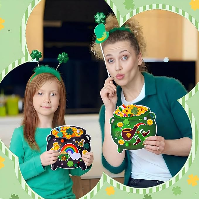 Funrous 48 Sets St. Patrick's Day Crafts Kit Pot of Gold Paper Crafts Bulk DIY Irish Green Shamrock Lucky Clover Coin Jar Leprechaun Hat Hanging Ornaments for Classroom Activities Arts Party Favors