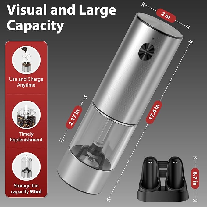 Electric Salt and Pepper Grinder Set with Rechargeable Base, 6 Adjustable Coarseness Levels, 95ml Large Capacity & Clear Container, Pepper Grinder Mill Electric with LED Light, 2Pack