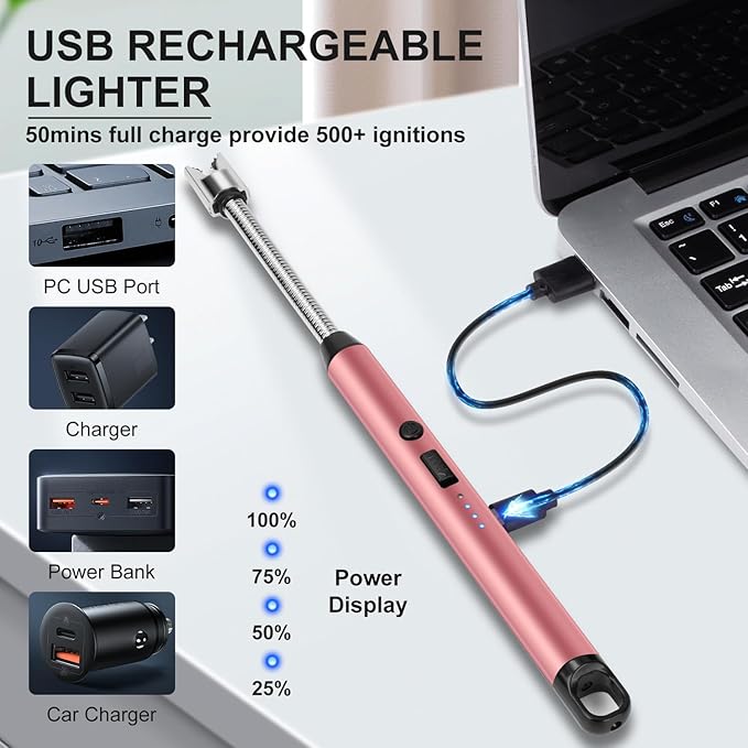 LcFun Candle Lighter with 360° Flexible Neck & Safety Lock, Windproof USB Rechargeable Electric Lighter Gift Sets, Flameless Arc Long Lighters Matches for Grill, BBQ, Camping, Fireplace, Stove