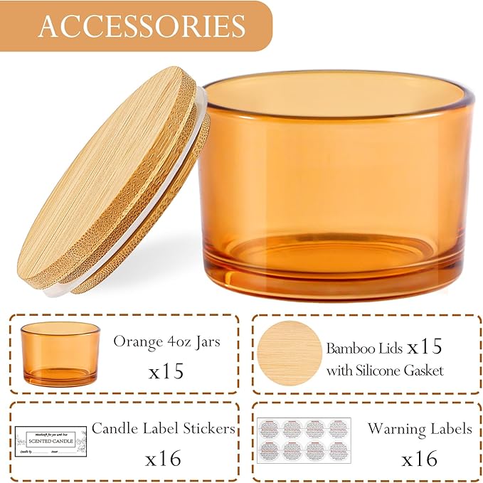 CONNOO 15 Pack 4oz Orange Glass Candle Jars with Airtight Bamboo Lids for Making Candles, Bulk Small Wide Mouth Empty Candle Containers with Sticky Warning Labels - Dishwasher Safe