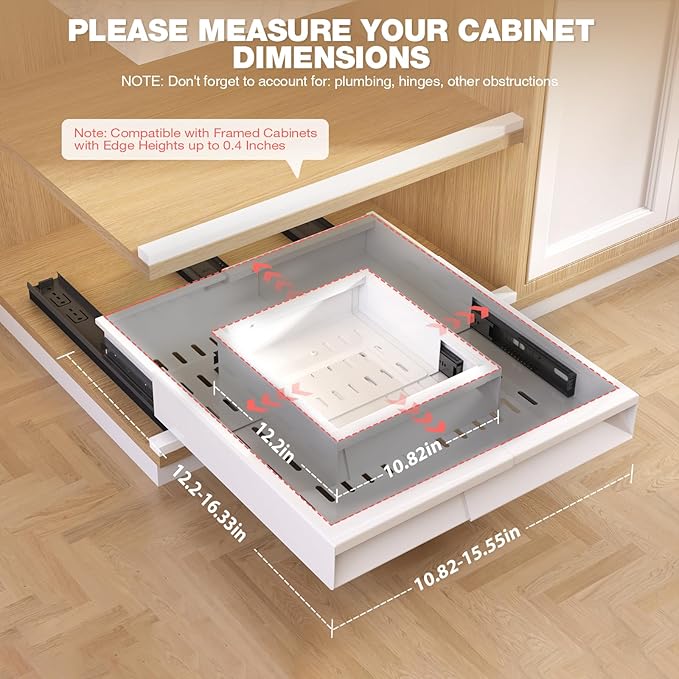 2 Pack Pull Out Cabinet Organizer With Raising Pad for Framed Cabinets,Expandable Width (11"-16") and Depth (13"-17"),3 Slide Rails Slide Out Drawers with Handle,No-Drill Roll Out Shelf,White