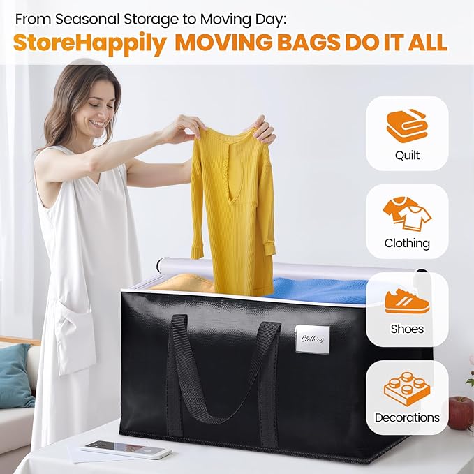 StoreHappily Heavy-Duty & Extra Capacity Moving Bags with Backpack Straps, Storage Totes with Double Zipper & Strong Handles, Packing Bags Alternative to Moving Boxes, Moving Supplies (4 Pack, Black)
