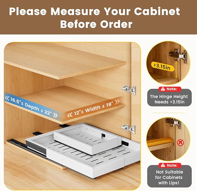 Pull Out Cabinet Organizer, Expandable Width (11.4"-18.9") Depth (16.3"-21.7") Pull out Drawers for Cabinets with 3 Rails, No Drill Adhesive Film or Nail Fixed Slide out Drawers for Kitchen, Pantry