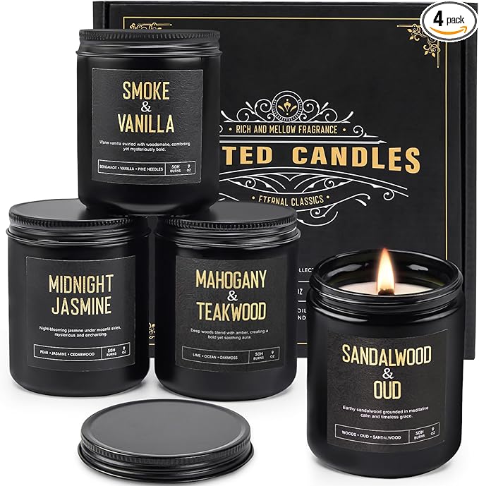 Crackling Wood Wick Candles for Men: 4 Pack 36oz Soy Scented Candles for Home Scented, Up to 200H Burning, Masculine Mens Candle Set, Aromatherapy Candle Gift Set for Fathers Birthday Valentine's Day