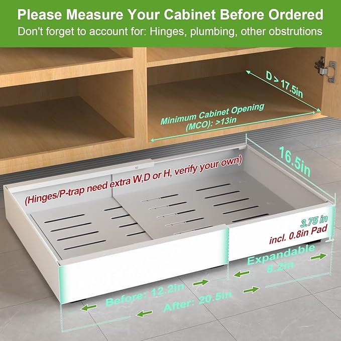 ANTOWIN 2-Pack Expandable Pull Out Cabinet Organizer 16.5"Deep(12.2"-20.5"W), 3 Full Extension Glides Slide Out Drawers, Roll Out Shelves Adhesive Raising Pad,Compatible Framed Cabinets,90lb Cap,White