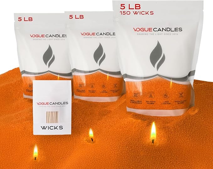 Vogue Candles Orange Pearled Candle Sand Wax (5 LB) – Mother’s Day Candle with 150 Cotton Wicks for DIY Home Lighting – Plant-Based & Reusable Wax Granules Refill for Custom Vessels (3 Pack)