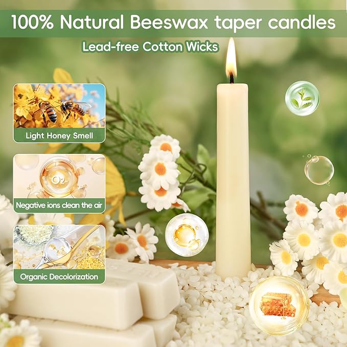 8 in Beeswax Taper Candles,18 Pack Dripless Pure White Beeswax Candle Sticks,8 Hours Long Burning Natural Bees Wax Candles for Home,Unscented Smokeless Tapered Candlesticks for Dinner