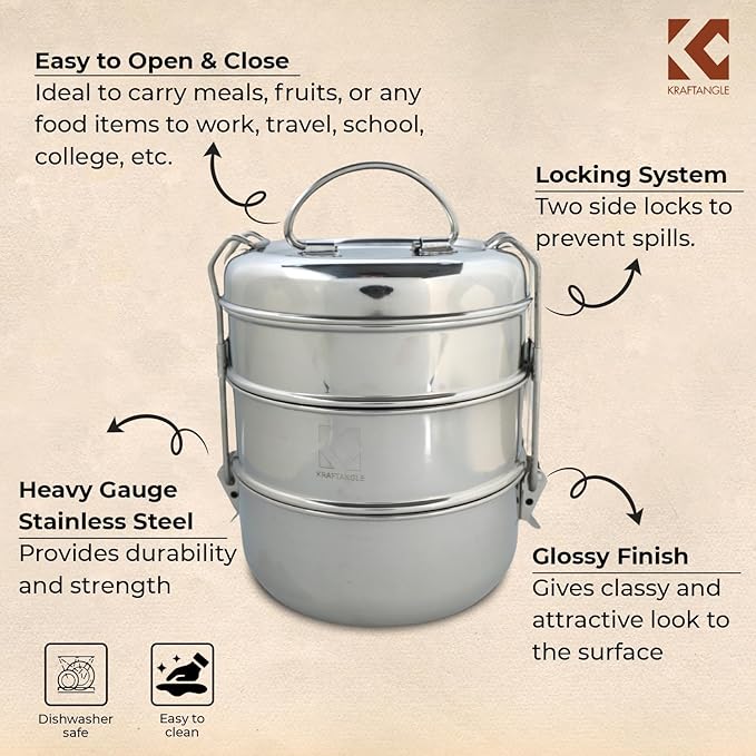 Indian-Tiffin Stainless Steel 3 Tier Large Lunch Box Snack Box/Food Container Airtight Leak Proof 3 Compartment Suitable for Office Use, Outdoor Lunches/Dining