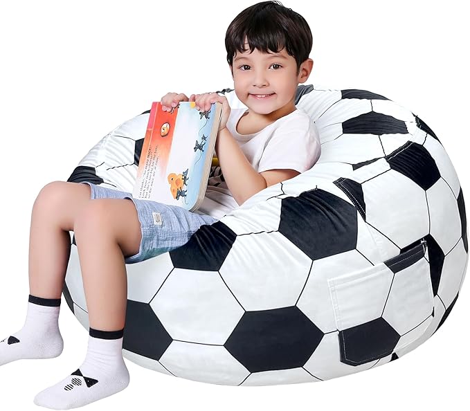 Lukeight Soccer Stuffed Animals Storage Bean Bag Chair Cover Only (Ships Empty, No Filling) - Velvet YKK Zipper Beanbag Cover for Kids Big kids, Washable Plush Toy Organizer, X-Large 30" D x 18" H