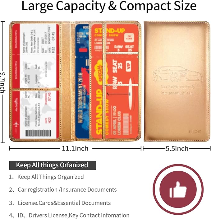 Car Registration and Insurance Card Holder - Leather Vehicle Glove Box Automobile Documents Paperwork Wallet Case Organizer for ID, Driver's License, Key Contact Information Cards