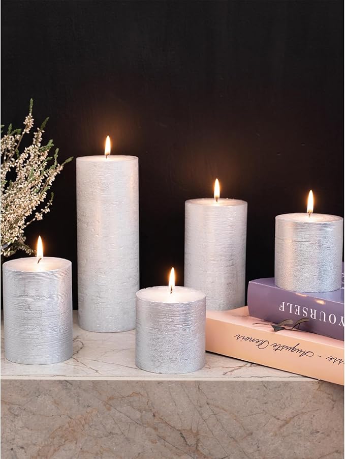 CANDWAX 3x4 inch Pillar Candles Set of 3 – Unscented Dripless Silver Candles for Event Decor, Weddings, Home Use