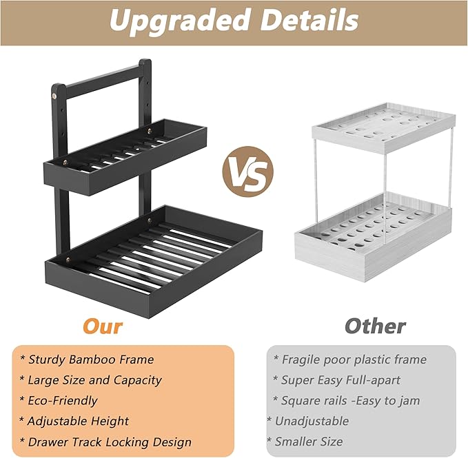 Bamboo Under Sink Organizer and Storage, 2 Tier Pull Out Cabinet Organizer, Slide Out Under Sink Storage Shelf, Undersink Organizers Shelves for Kitchen Bathroom Organization (Black, 2 Packs)