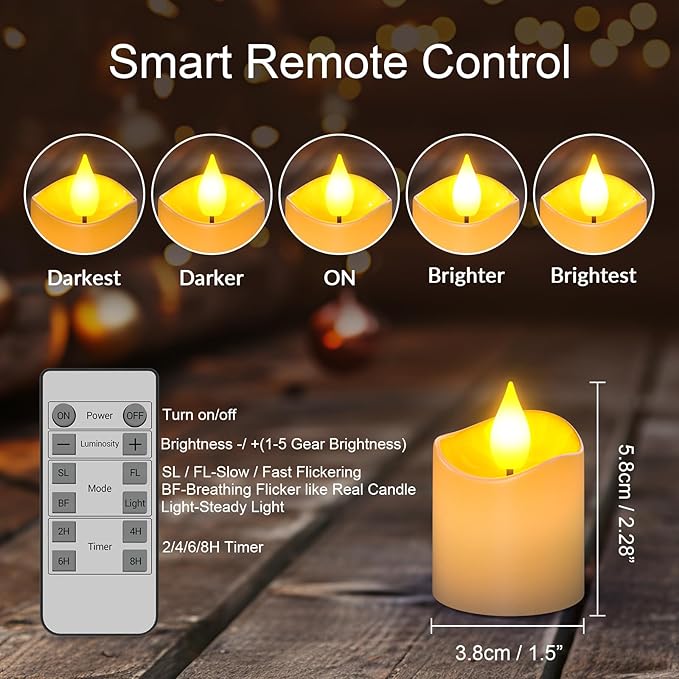 SoulBay 6pcs LED Candles Rechargeable with Remote, 1.5" D x 2.28" H Flameless Flickering Fake Battery Candles with Timer, No Battery Needed, White Electric Small Votives for Lantern Table Home Decor