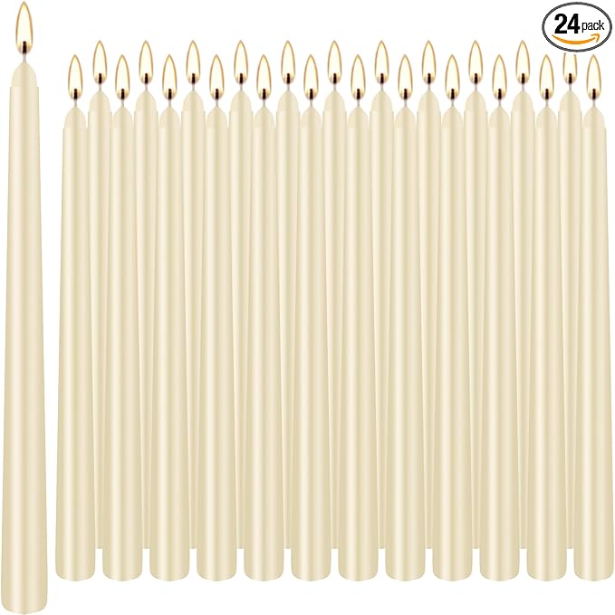 Ivory Taper Candles, 24 Pack 10 Inch Bulk Unscented 7-8 Hours Burn Time Smokeless & Dripless Elegant Dinner Candles Set for Home Décor, Wedding, Christmas, Household, Party