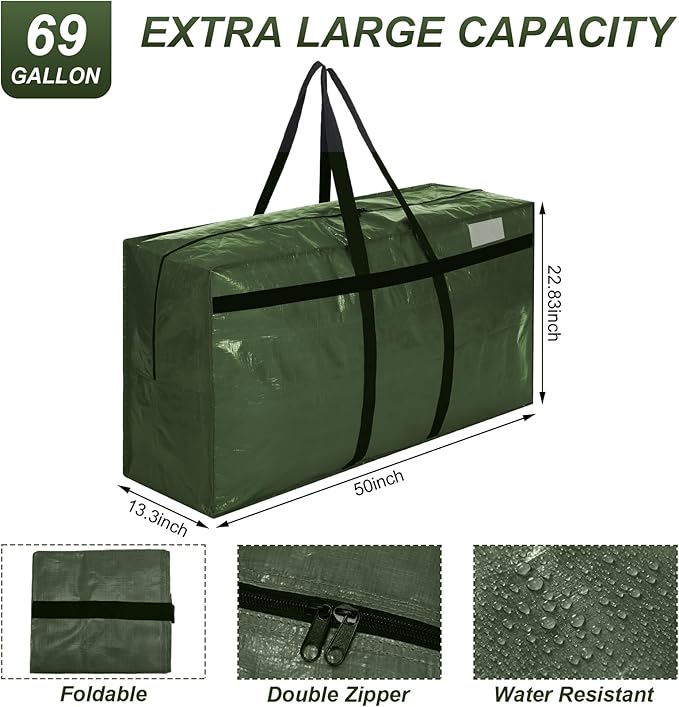 Windyun 6 Pack 69 Gallon Extra Large Moving Bags XXL Heavy Duty Storage Bag with Strong Zipper Handle Jumbo Big Tote Box Foldable for College Dorm Travel Clothes Duffle Blanket Pillow(Army Green)