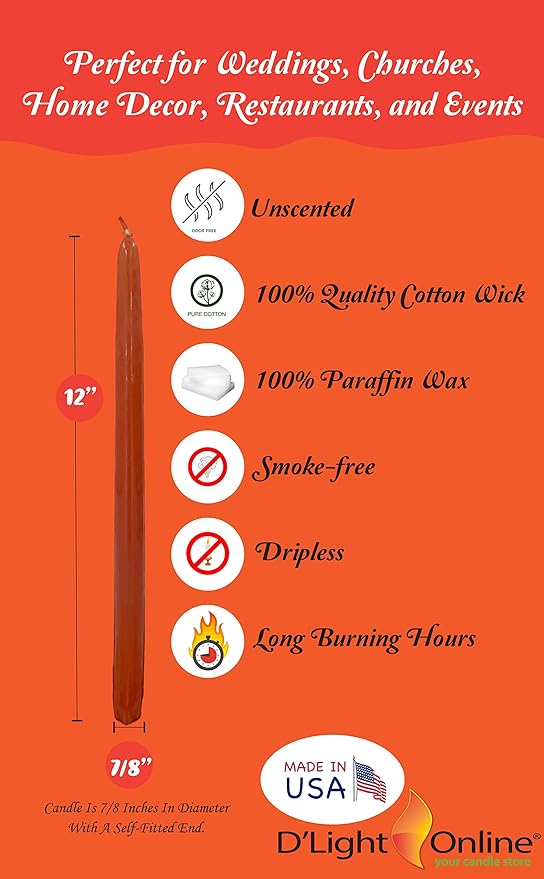 D'light Online Elegant 12" Unscented Cinnamon Burnt Orange Taper Candles Premium Quality Hand-Dipped Tapered Candles, Dripless and Smokeless - Set of 12 Individually Wrapped (12 Inch, Cinnamon)