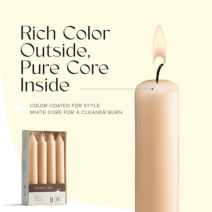 Leor & Lair Beige Candlesticks – Pack of 8 Unscented Short Candle Sticks with Cotton Wick – 5 Hour Burn 6 Inch Taper Candles for Rustic Table Candles & Everyday Dinner