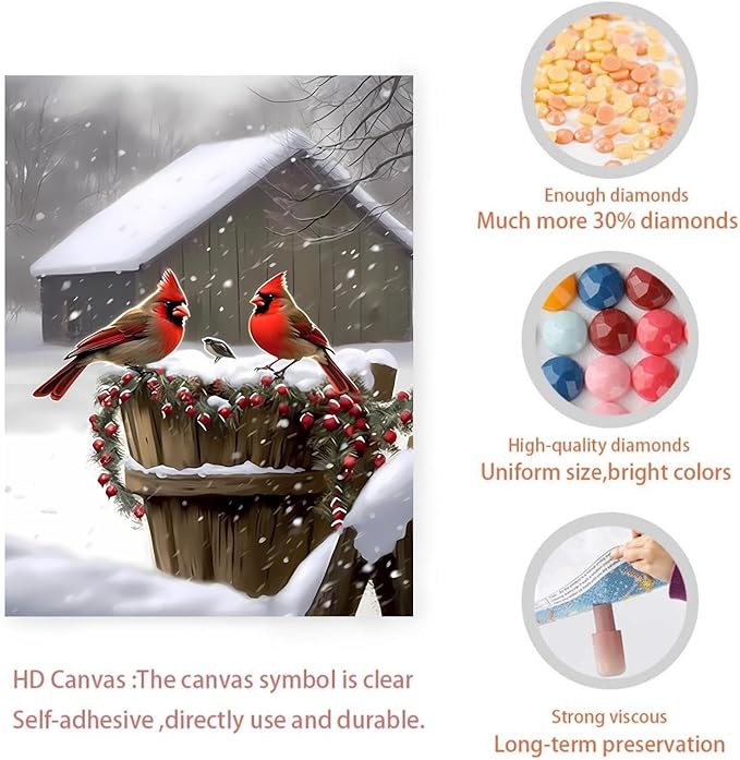 GUAIEUW Snow Lodge Redbird Diamond Painting Kit for Adults, Full Round Diamond Cardinal Bird 5D Diamond Painting DIY Art Crafts for Winter Home Wall Decor Holiday Gift 16x24 Inch