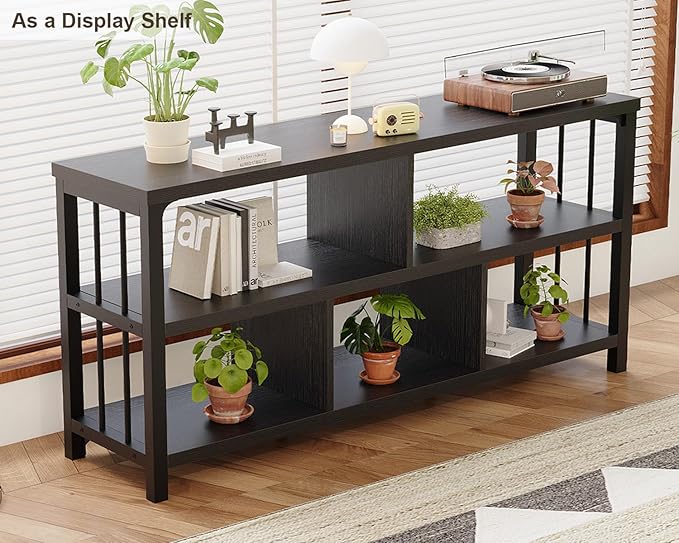 IBF 55“ Black Bookshelf, Industrial Open Horizontal Cube Book Shelf, Low Wide Home 5 Cube Storage Organizer Long Shelf for Bedroom, Wood and Metal Cubby Bookcase for Living Room, Black Oak, 55 inch