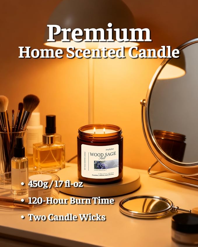 2 Wicks 17oz Large Non-Toxic Soy Wax Scented Candle, Wood Sage & Salt 120 Hours of Burn Time, Long Lasting Candle for Gift, Cost-Effective Candle for Home Fragrance, Aromatherapy