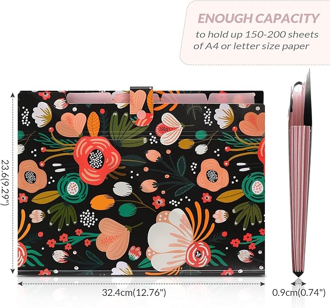 SKYDUE Expanding File Folder with 5 Pockets, Floral Accordion File Organizer for Important Document, Portable Receipt Paper Organizer, School Office Supplies Black