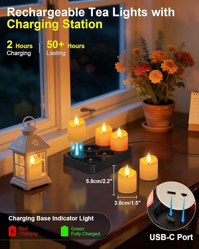 SoulBay Flameless Candles Rechargeable with Remote, 6pcs Electric LED Fake White Votive Candles with Charging Base and Timer, Flickering Decorative Lights for Home Table Holidays Christmas Décor