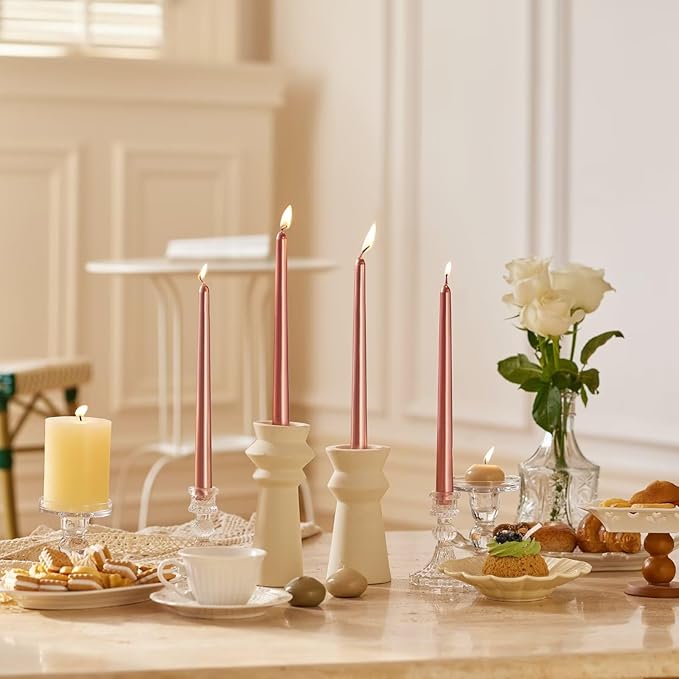 10-Inch Tall Dripless Taper Candles Set of 4 - Rose Gold Tapered Candles, Perfect for Spring - Smokeless, Unscented, Long Burning - Hand Poured, Colored Tall Candlesticks - Rose Gold