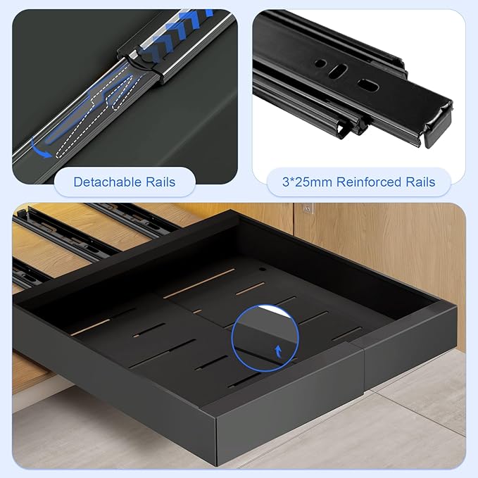 2Pack Expandable Pull Out Cabinet Organizer 21" Deep - Sliding Drawer Organizer Roll Out Shelves Adhesive - Adjustable Width 15.2"-26.2" W (Black)
