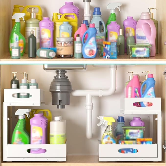 Under Sink Organizer, Extra-Wide Upgrade, 1 Pack 2 Tier Metal Slide Out Cabinet Organizer, Height Adjustable Organization and Storage Series, Bathroom/Cabinet/Kitchen organization, White