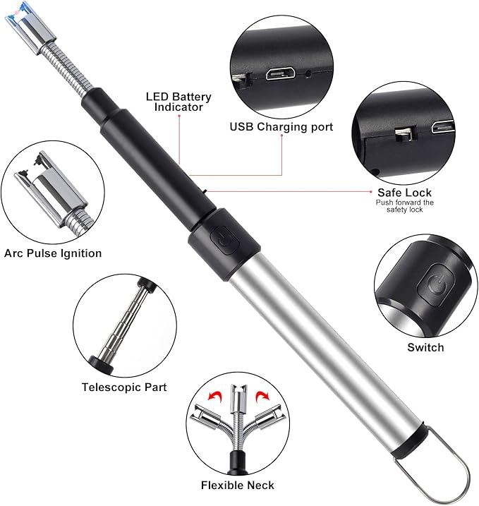 Navpeak Candle Arc Lighters Long Flexible Neck 70cm Rechargeable Telescopic Electric Flameless Lighter for Kitchen Fireplace Pilot Light BBQ Stove (Silver)