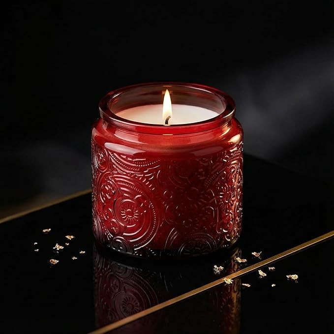 Art Secret 9 Pack 10oz Sun Moon Star Embossed Glass Candle Jars with Mirror Lid, Patented Design for Candle Making (Red)