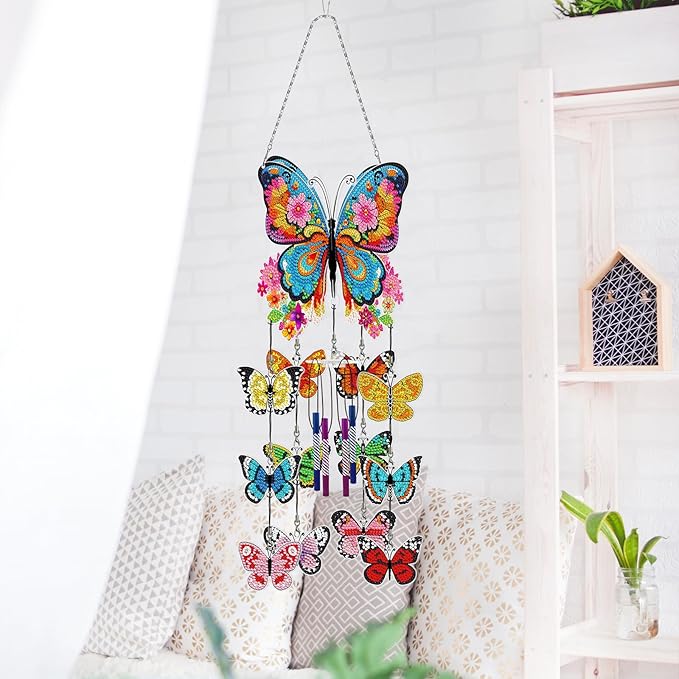Butterfly Diamond Dots Wind Chimes DIY Kits 5D Diamond Art Painting Wind Chime Butterfly Hanging Ornaments Double Sided Special Shaped Gem by Number Stitch Wind Chime Pendant for Yard Tree Home Decor