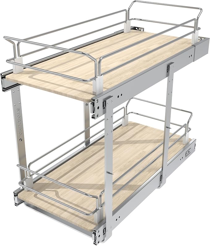 2 Tier Pull Out Cabinet Organizer 11" W X 22" D, Slide Out Drawers For Kitchen Cabinets, Pull Out Drawers For Cabinets Capacity Heavy Duty Caddy, Cabinet Pullout Shelves Wood Chrome, Pantry Storage