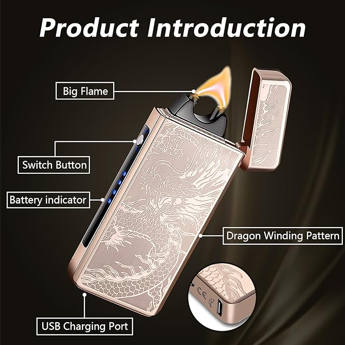 Dragon Electric Arc Lighter USB C Rechargeable Plasma Lighter for Camping, Fire Starters, Candles & Outdoor Gear | Windproof Igniter with Battery Indicator (Dragon Gold)