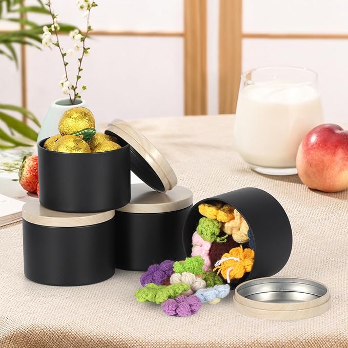 SONVIIBOX 24 PCS 8oz Candle Tins, Black tins with Wood-Grain Metal lids,Candle Jars for Making Candles Bulk,8oz Candle Jars,Tin Jars for Candle Making