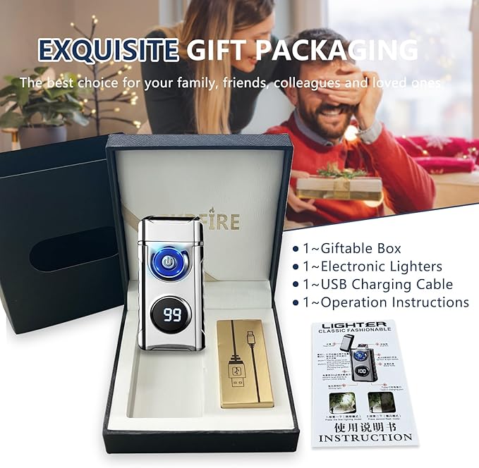 SKRFIRE Plasma Rechargeable Electric Lighter for Candle - Arc Type C Electronic Torch, Windproof Portable Metal With LED Power Display for Camping, Hiking, BBQ (Silvery)