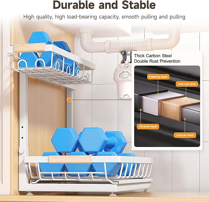 2 Packs Under Sink Organizer, Height Adjustable 3 Tier Under Kitchen Sink Organizer, Multi-Purpose Storage Shelf for Kitchen Bathroom Cabinet (White, Large)