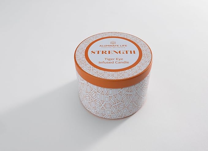 Luxury Candle Tin, 4 OZ, Strength - Tiger Eye Crystal Infused - Scents of Cedarwood, Amber, & Sage - Power, Courage, & Expansion - Coconut Wax Blend, Essential Oils, Dr. Developed