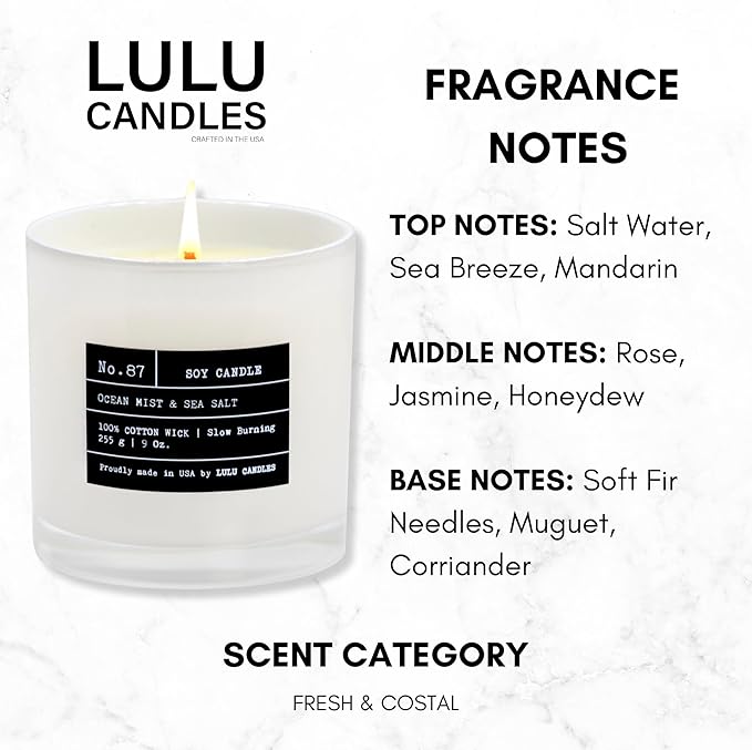 Lulu Candles | Ocean Mist & Sea Salt | Luxury Scented Soy Jar Candle | Hand Poured in The USA | Highly Scented & Long Lasting- 9 Oz.