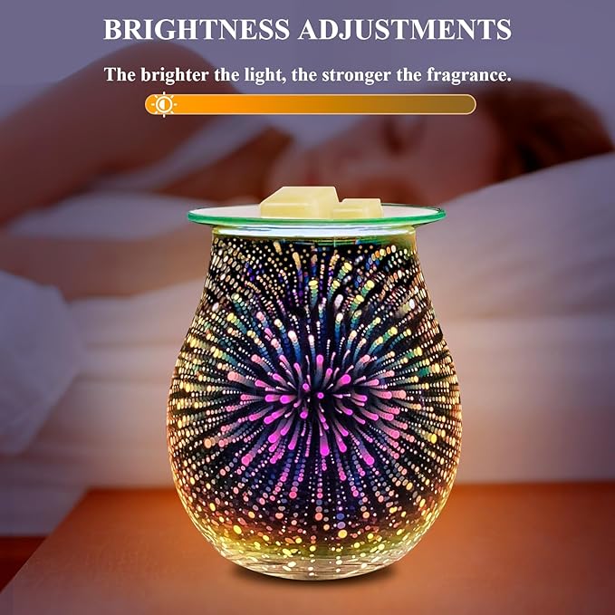 EQUSUPRO Wax Melt Warmer with Timer- Electric 3D Glass Wax Melter Candle Melt Warmer Wax Burner Fragrance Warmer for Scented Candles and Wax Melts to Home Office Gifts & Decor (Fireworks-Dimmer)