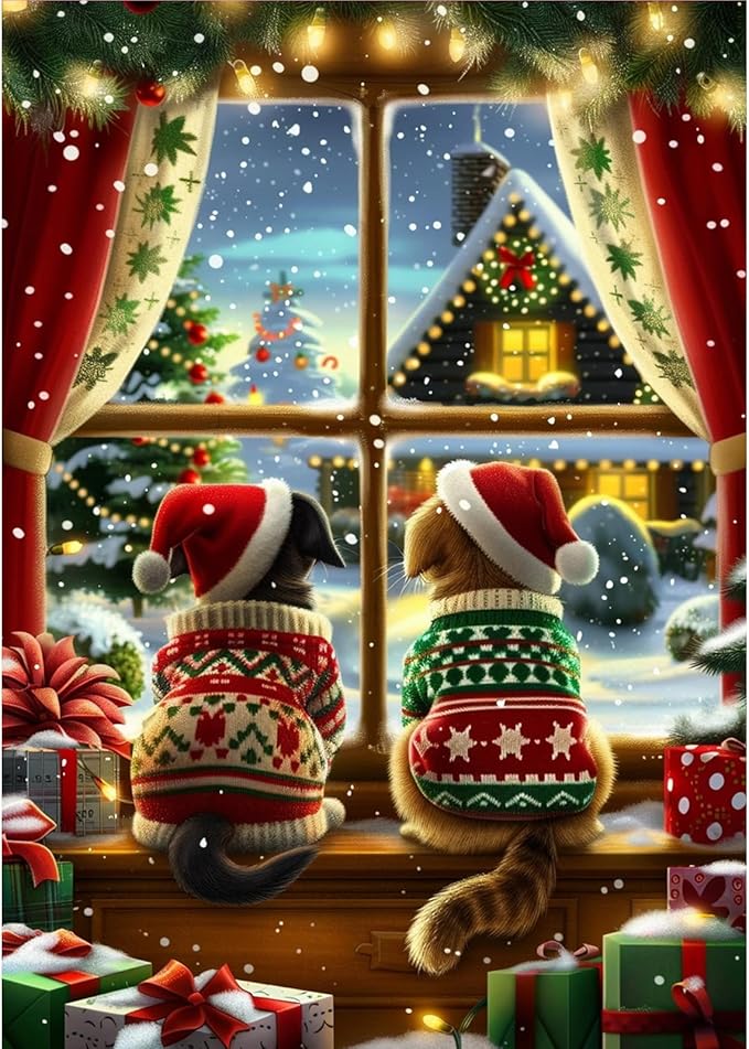 MOGTAA Christmas Cat Diamond Art Kits for Adults, 5D Full Drill Winter Diamond Painting Kits for Adults Beginner, DIY Round Diamond Dots for Adults, Gem Art for Home Wall Decor 12 X 16 Inch