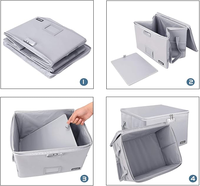 ENGPOW File Box with Lock, Fireproof Document Box with Zipper＆Pockets, Collapsible File Organizer Filing Storage Cabinet with Handle, Portable Home Office Safe for Hanging Letter/Legal Folder,Silver
