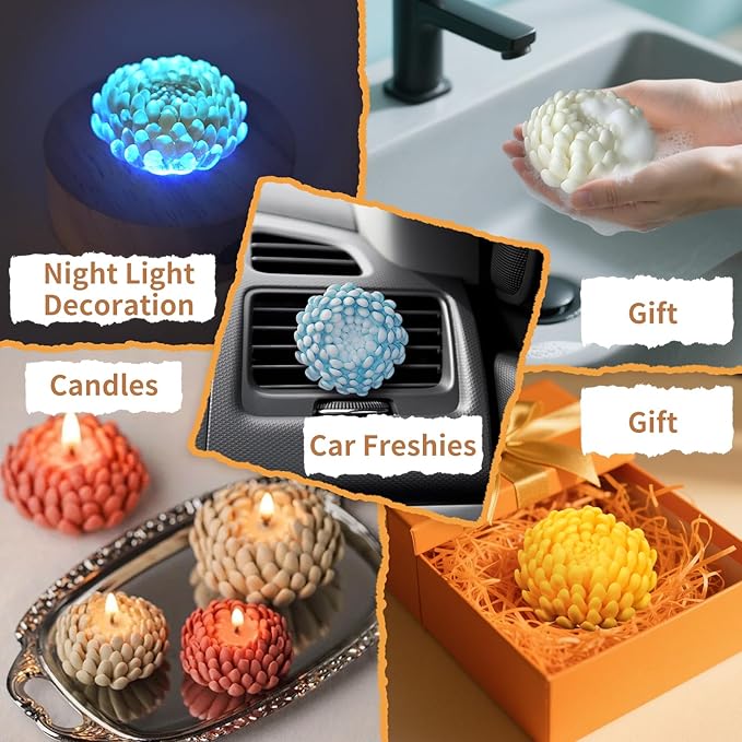 3 Pack Flower Candle Molds, 3D Peony Mum Molds Set Large + Medium + Small Chrysanthemum Silicone Molds for Candles Soap Epoxy Resin Clay Plaster Home Décor Handmade Gift
